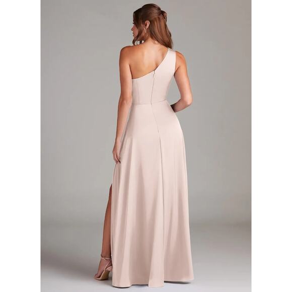 NWT Azazie Brooke A-Line One Shoulder Stretch Satin Dress Blushing Pink Size A0 - Picture 2 of 6